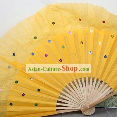 Chinese Bamboo Handle Pure Silk Yellow Dance Fans with Sequins