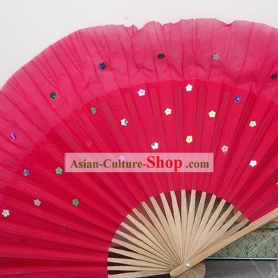 Chinese Bamboo Handle Pure Silk Red Dance Fans with Sequins