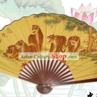 65 Inches Chinese Traditional Handmade Hanging Silk Decoration Fan - Tigers Family