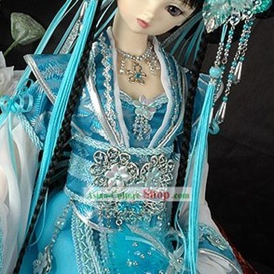 Chinese Ancient Blue Princess Costume and Hair Accessories Complete Set