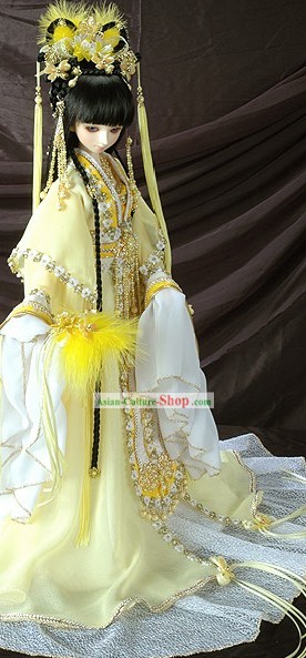 Chinese Ancient Princess Gold Clothing Complete Set with Long Tail