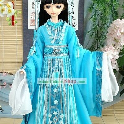 Chinese Ancient Princess Blue Costume and Hair Accessories Complete Set