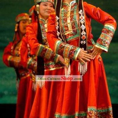 Chinese Gorgeous Mongolian Long Robe and Hat Complete Set for Women