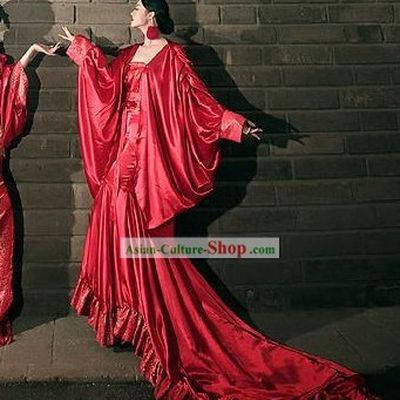 Chinese Classic Red Silk Long Tail Costumes
