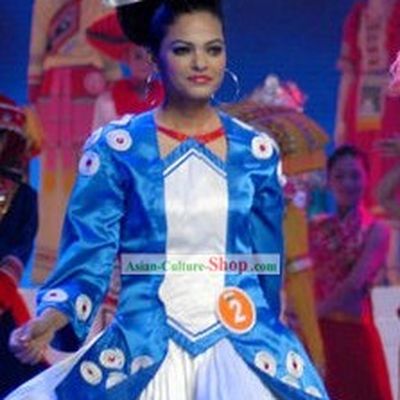 China Minority Blue Costume and Hat Set