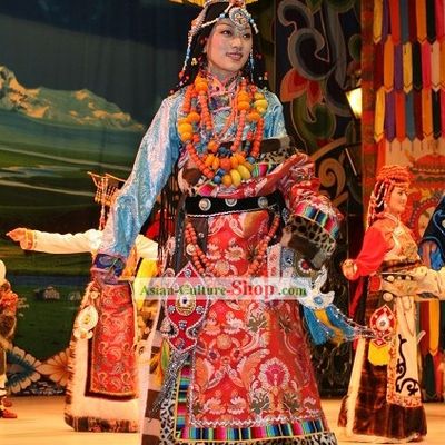 Chinese Traditional Minority Long Dress and Hat Complete Set
