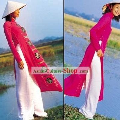 Vietnamese Traditional Ladies Long Cheongsam and Bamboo Hat