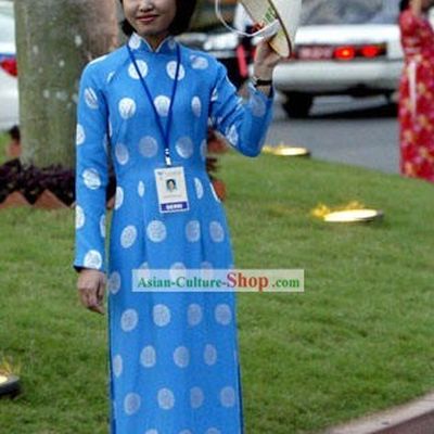 Vietnamese Traditional Blue Ladies Long Costume