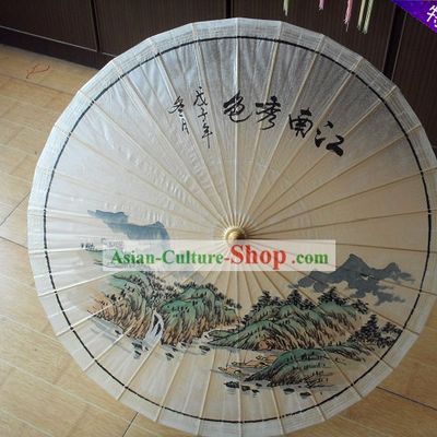 Traditional Chinese Hand Painting Beach, Rain and Sun Landscape Umbrella