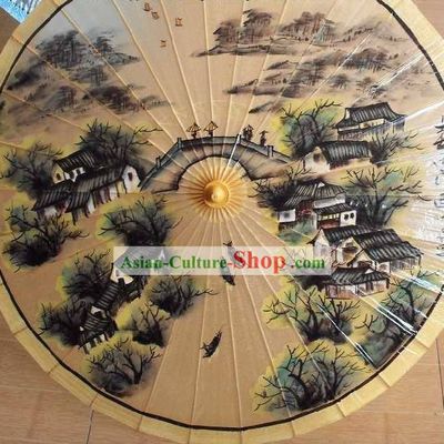 Traditional Chinese Hand Painting Beach, Rain and Sun Umbrella - Water Village
