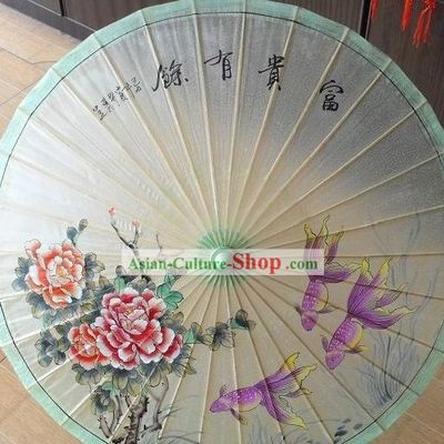 Chinese Painted Green Peony and Goldfish Umbrellas