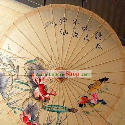 Chinese Painted Mandarin Duck and Peony Painting Umbrellas