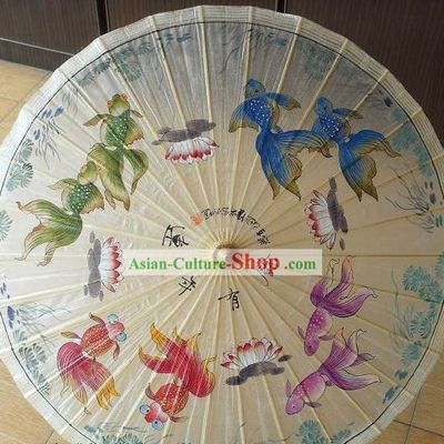 Chinese Hand Painted Goldfish Painting Umbrella