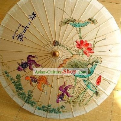 Chinese Hand Painted Goldfish and Lotus Umbrella