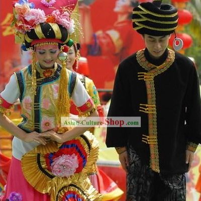 Chinese Traditional Minority Wedding Dress 2 Sets for Bride and Bridegroom