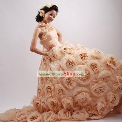 Romantic Rose Design Wedding Dress and Hair Decoration Complete Set for Women