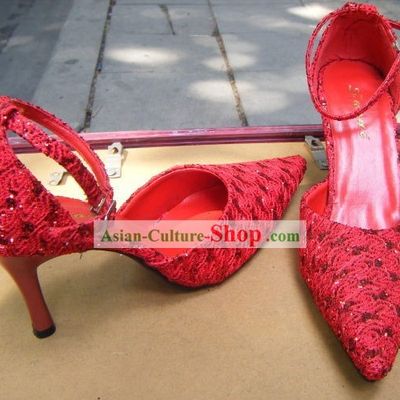 Chinese Traditional Red Shinning Wedding Shoes