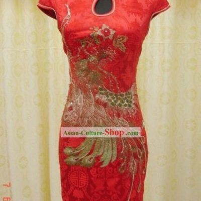 Traditoinal Lucky Red Phoenix Wedding Dress Short Qipao