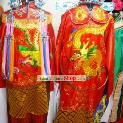 Chinese Traditional Bride and Bridegroom Wedding Dress and Hat Complete 2 Sets