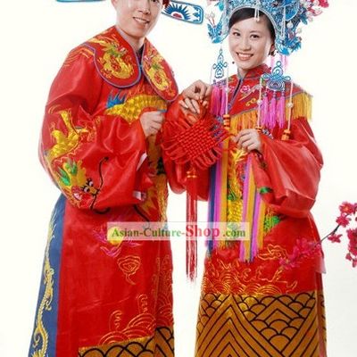 Chinese Gorgeous Ancient Wedding Dress 2 Complete Sets for Bride and Bridegroom