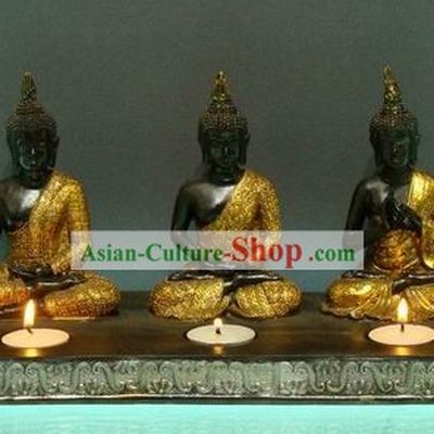Large Southeast Asia Thai Arts Three Buddha Candlestick