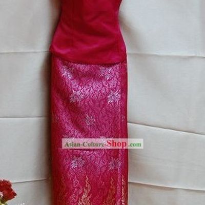 Traditional Thai Red National Costume Complete Set