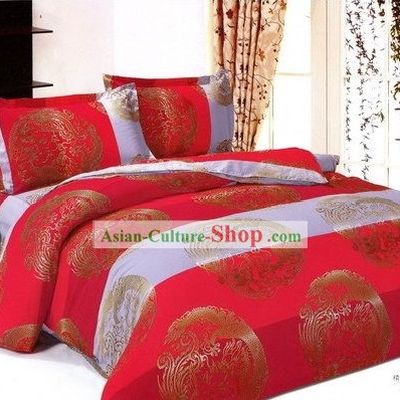 Chinese Red amd White Traditional Wedding Dragon Phoenix Bedding Set