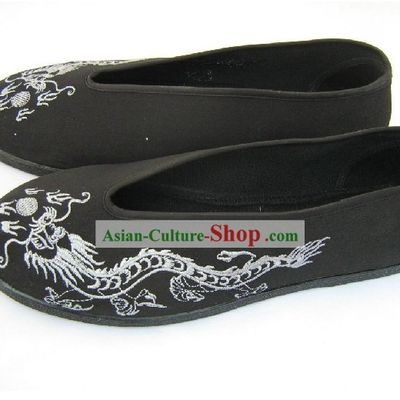 Chinese Hand Made Folk Dragon Black Cloth Shoes Men Dragon Shoes