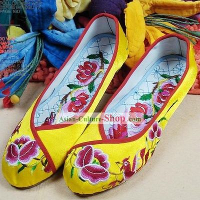 Handmade Birds and Flower Cloth Yellow Shoes