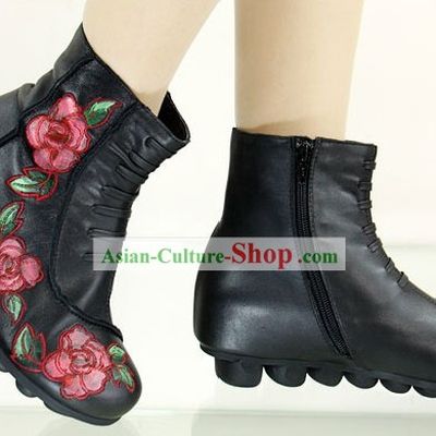 Chinese Sheepskin Embroidered Peony Boots