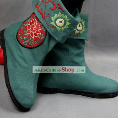Chinese Green Embroidered Flower Cloth Boots