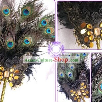 Black Chinese Classic Palace Peacock Feather Fan