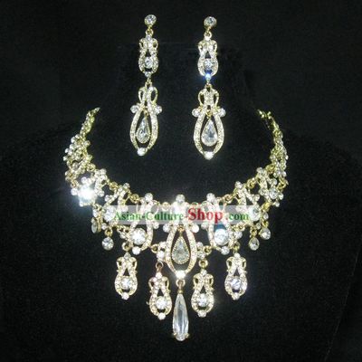 Golden Necklace and Earrings Chinese Wedding Jewelry Set