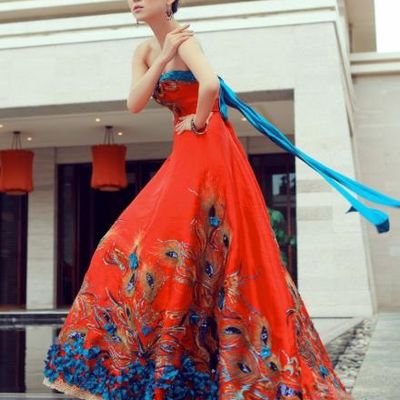 Chinese Classic Silk Red Peony Costume Complete Set
