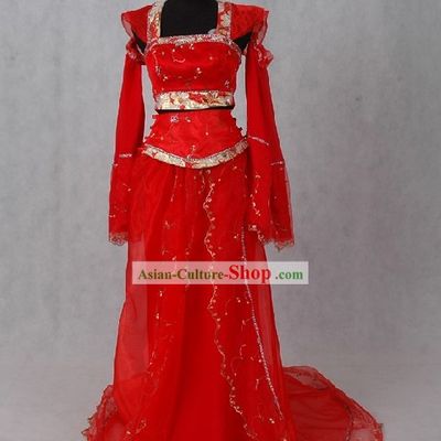 Chinese Lucky Red Long Wedding Dress Set for Women