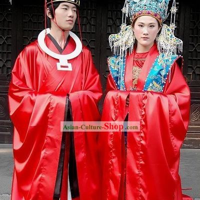Supreme Chinese Ancient Cantonese Wedding Dress Male and Female 2 Complete Sets