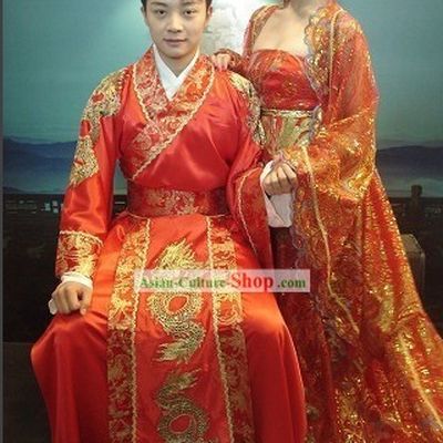Chinese Traditional Dragon and Phoenix Wedding Dress 2 Sets for Bride and Bridegroom