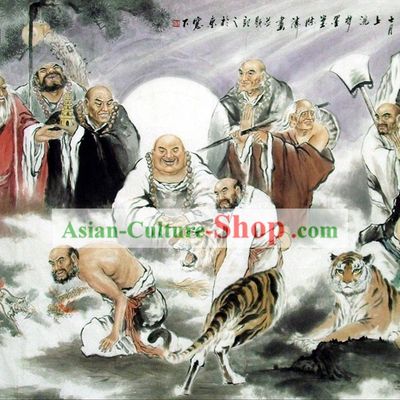 Traditional Chinese Painting - Buddist Arhat and Tigers