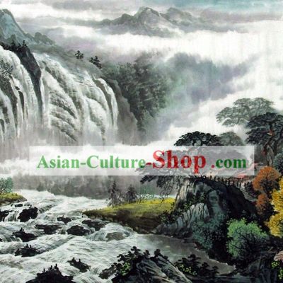 Traditional Chinese Painting - China Waterfall Scene by Wu Pingsong