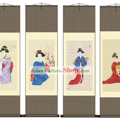 Chinese Silk Geisha Paintings 4 Sets