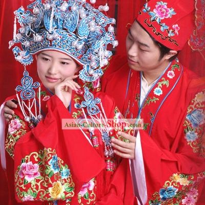 Supreme Ancient Chinese Wedding Dresses 2 Complete Sets for Bride and Bridegroom