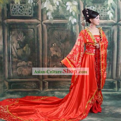 Ancient Chinese Long Tail Wedding Dress and Hair Accessories Complete Set