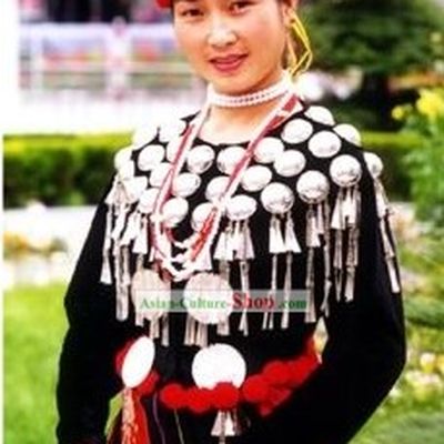Chinese Jingpo Minority Traditional Dress and Hat Complete Set for Women