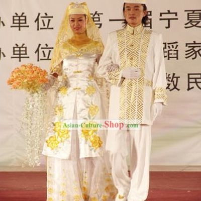 Chinese Hui Minority Wedding Dress 2 Sets for Bride and Bridegroom