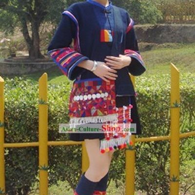 Chinese Traditional Hani Minority Dress and Hat Set