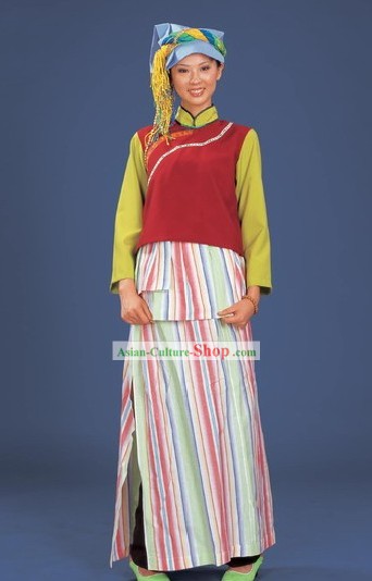 Chinese Traditional Mu Minority Dress and Hat Complete Set