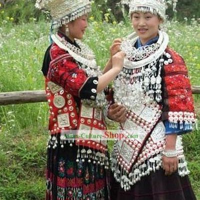 Chinese Minority Miao Traditional Dress and Miao Silver Head Gear and Miao Silver Necklace Set