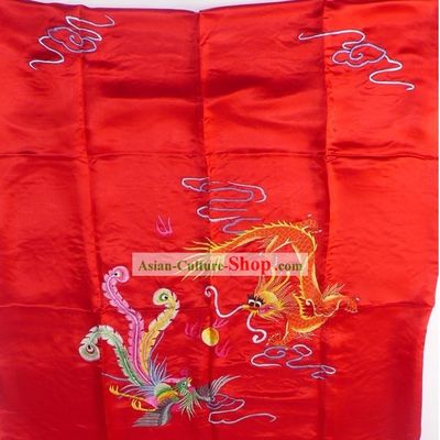 Chinese Classic Lucky Red Hand Embroidery Silk Bedcover - Dragon and Phoenix