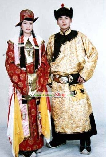 Traditional Mongolian Long Robe and Hat Full Set for Bride and Bridegroom