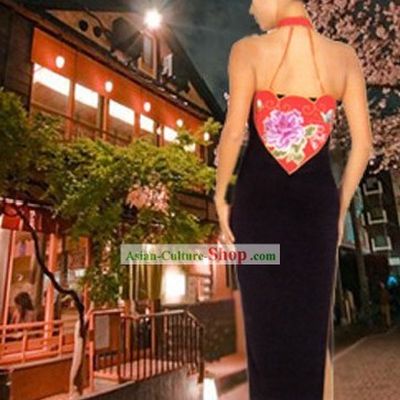 Traditional Hands Embroidered Peony Silk Backless Cheongsam and Evening Wear